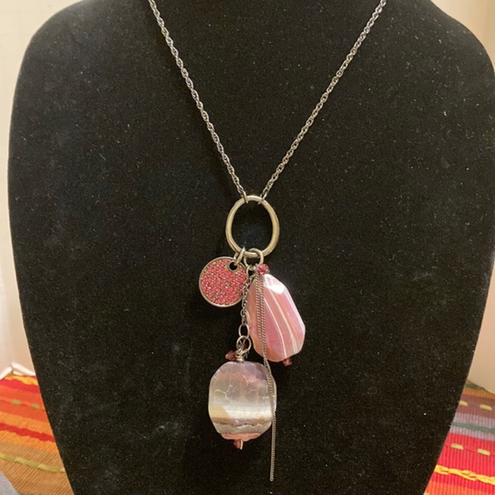 Express blk rope chain w/multi polished faux stone pink/gray pendant necklace
